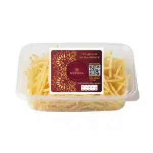 Bright yellow salted potato chips in clear plastic container, branded Modison.