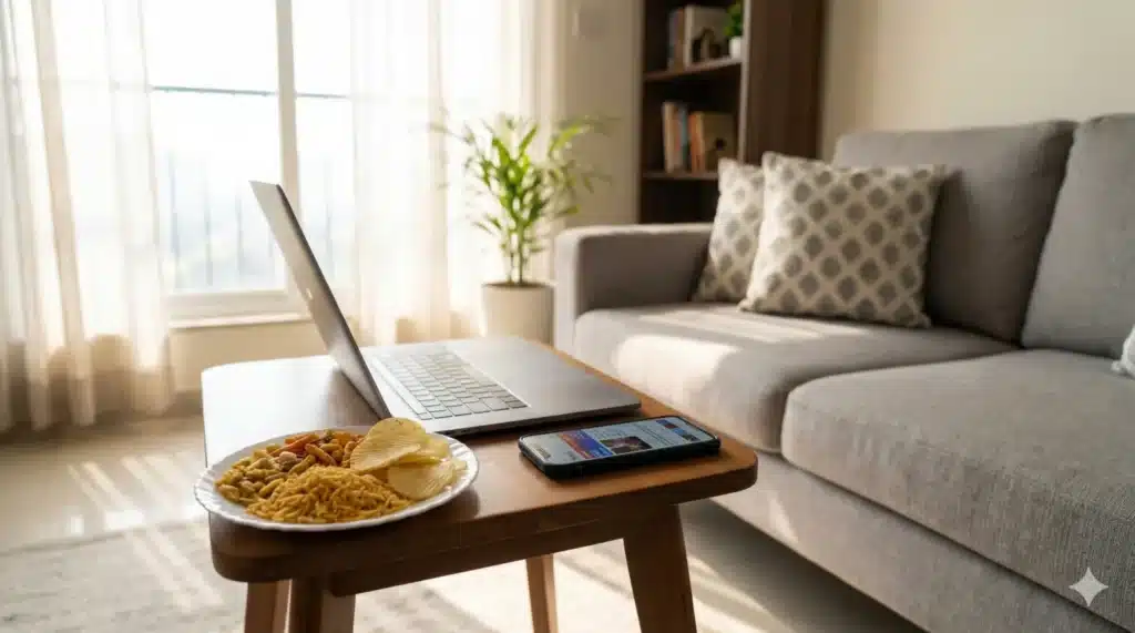 Laptop on a wooden table with snacks, living room scene with sofa and sunlight.