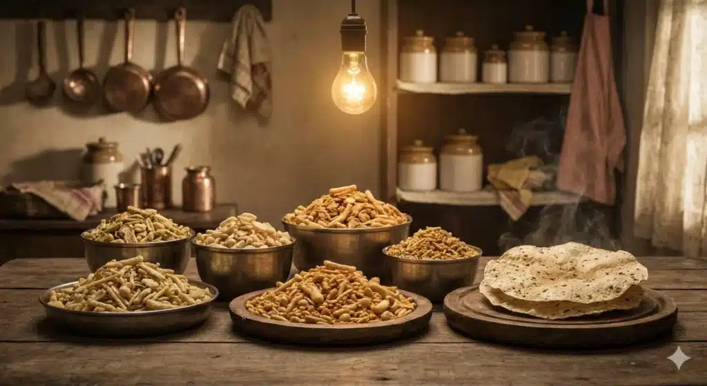 Assorted Indian snacks in metal bowls on rustic wooden table.