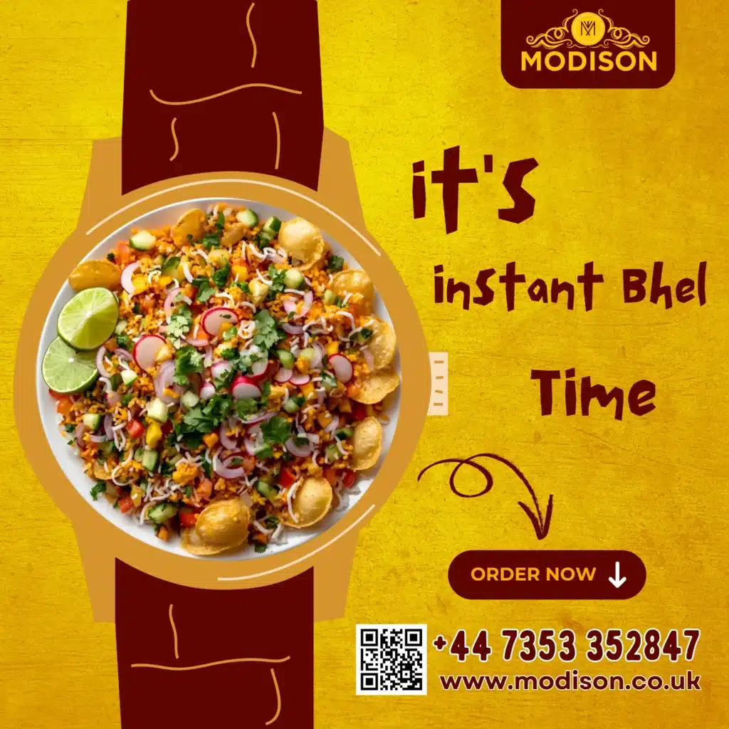 Spicy Indian bhel mix served in watch-shaped watch face graphic for quick snack or meal.