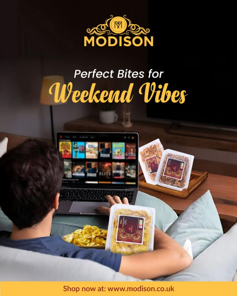 Delicious snack packs from Modison for relaxing weekend vibes and movie nights. Perfect bites for leisure and enjoyment.