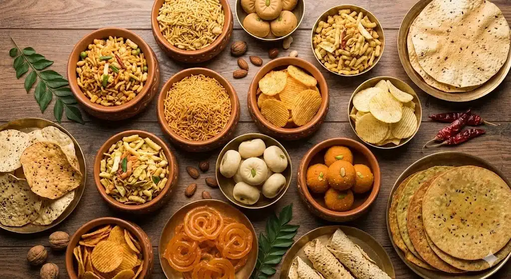 Colorful Indian snacks and chips served in traditional terracotta bowls, showcasing variety and authentic taste.