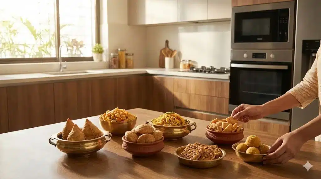 Delicious Indian snacks served in metal bowls on a kitchen table, showcasing traditional Indian cuisine.